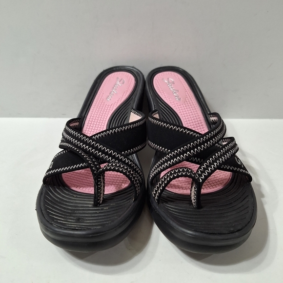 Skechers Casual Black and Pink Wedge Platform Strappy Comfy Slip On Sandal Sz.8 - Picture 6 of 11
